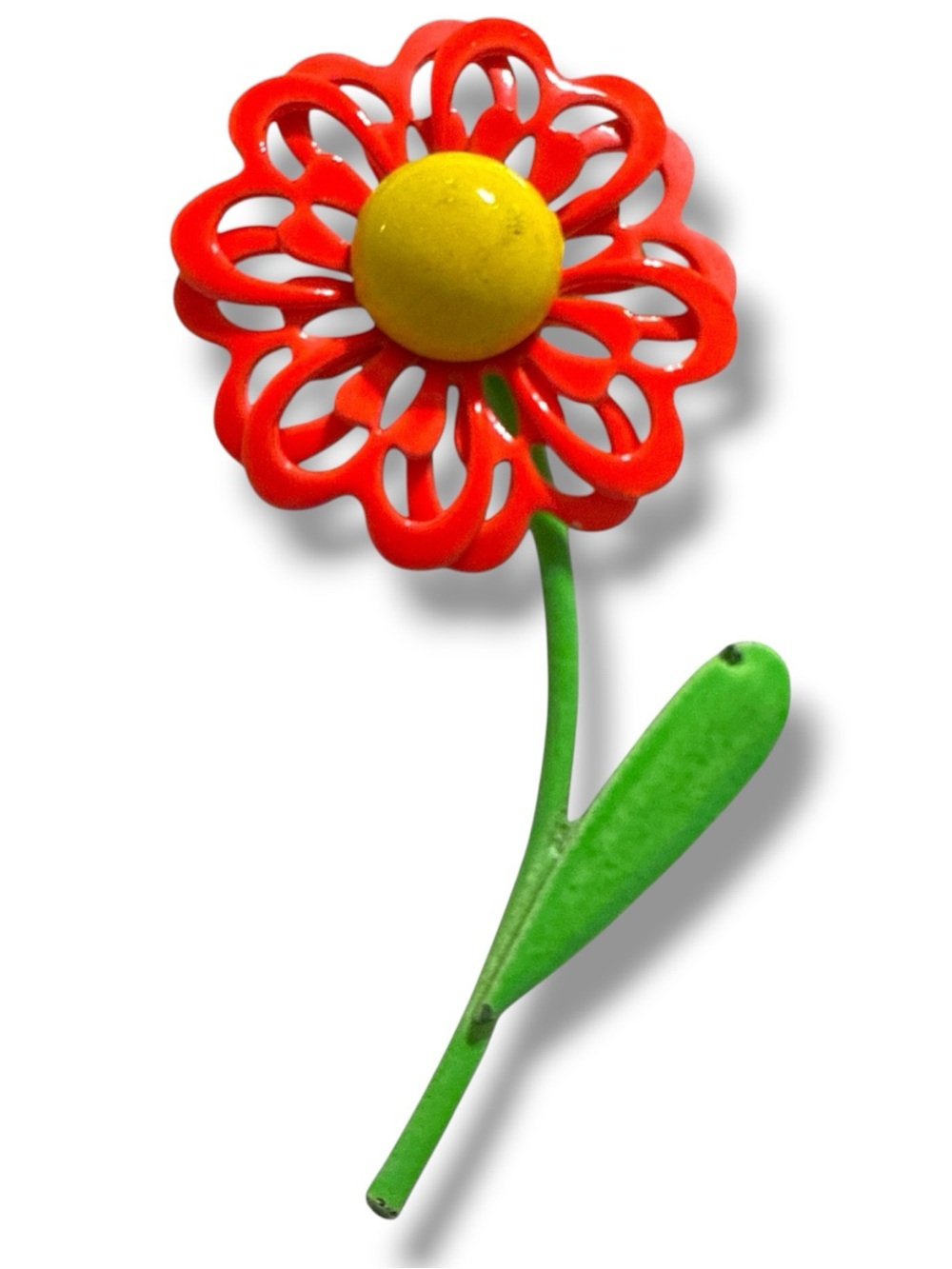 Vintage 1960s Red Enamel Daisy Brooch Pin Stem Mod Flower Power Retro